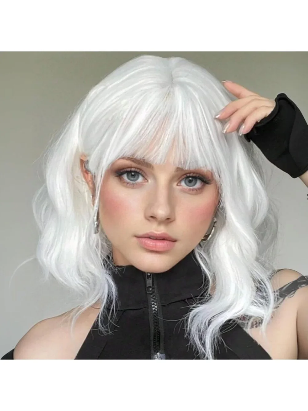 Women's White 14 Inch Heat Resistant Short Wavy Hair Pastel Bob Wig Bangs